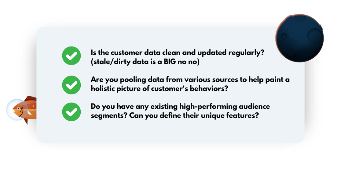 Is the customer data clean and updated regularly? (stale/dirty data is a BIG no no) Are you pooling data from various sources to help paint a holistic picture of customer's behaviors? Do you have any existing high-performing audience segments? Can you define their unique features?